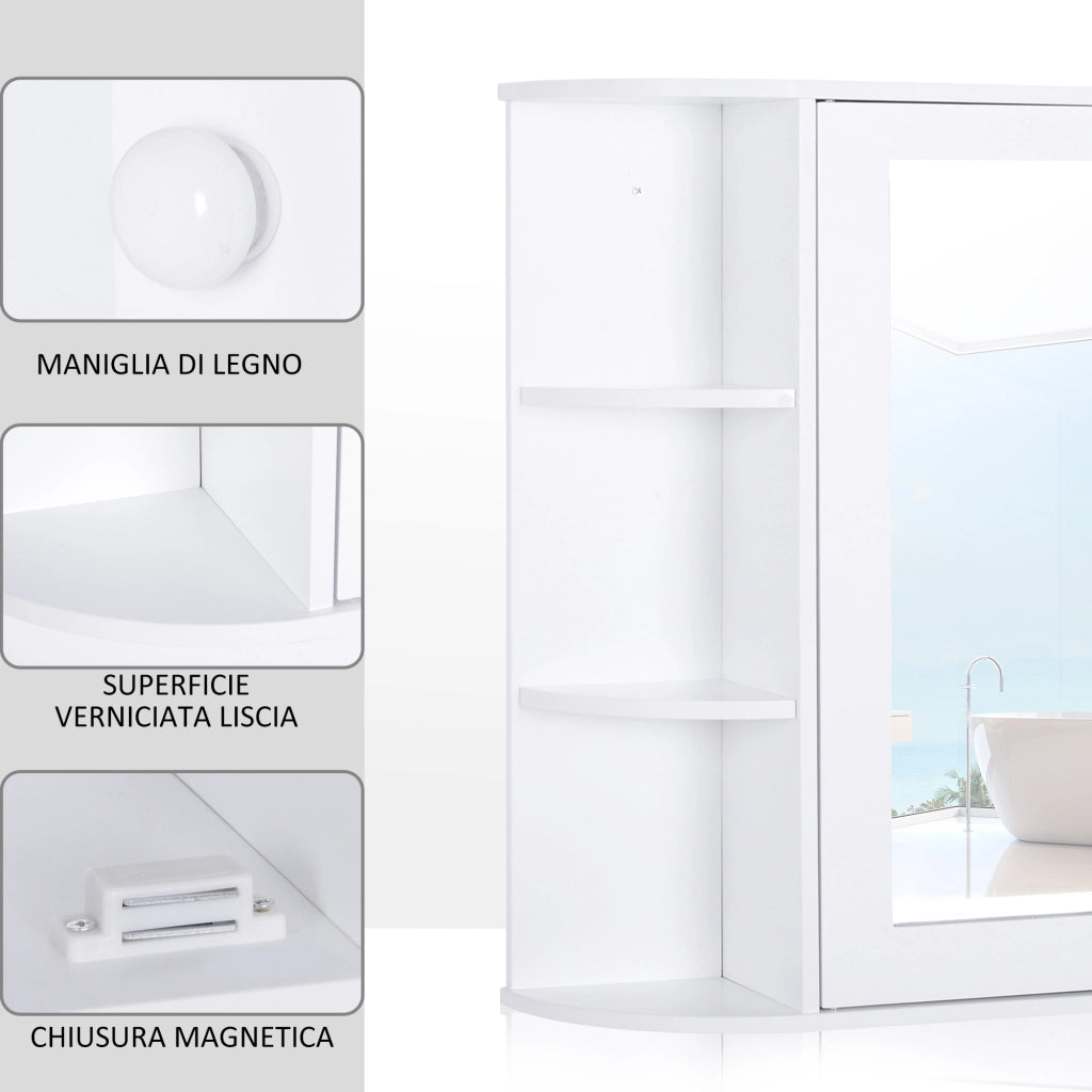 EasyComfort Specchio Bagno Contenitore, Armadietto Bagno con Specchio, Anta Centrale e Mensole in Legno Bianco (66 x 17 x 63 cm)