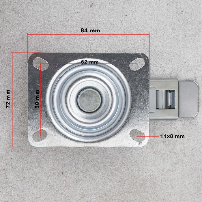 Set 4 ruote piroettanti, freno doppio blocco, Rotella 75mm max 50kg, metallo e gomma piena