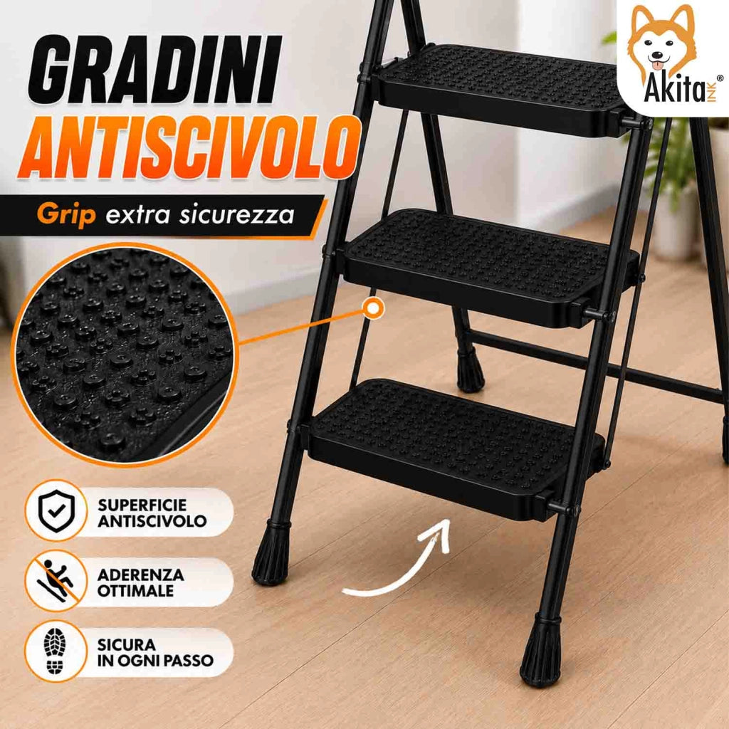 Akitaink Scaletta Acciaio 3 Gradini Pieghevole Nera 250 Kg
