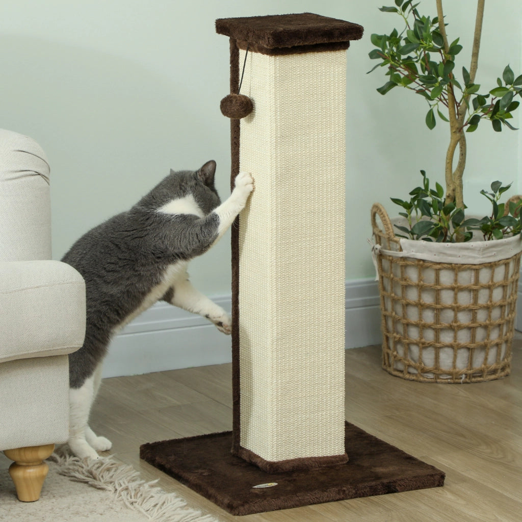 Tiragraffi per gatti in sisal e peluche con base stabile e palla sospesa ¨C zephmum ¨C marrone e crema 41x41x81 cm