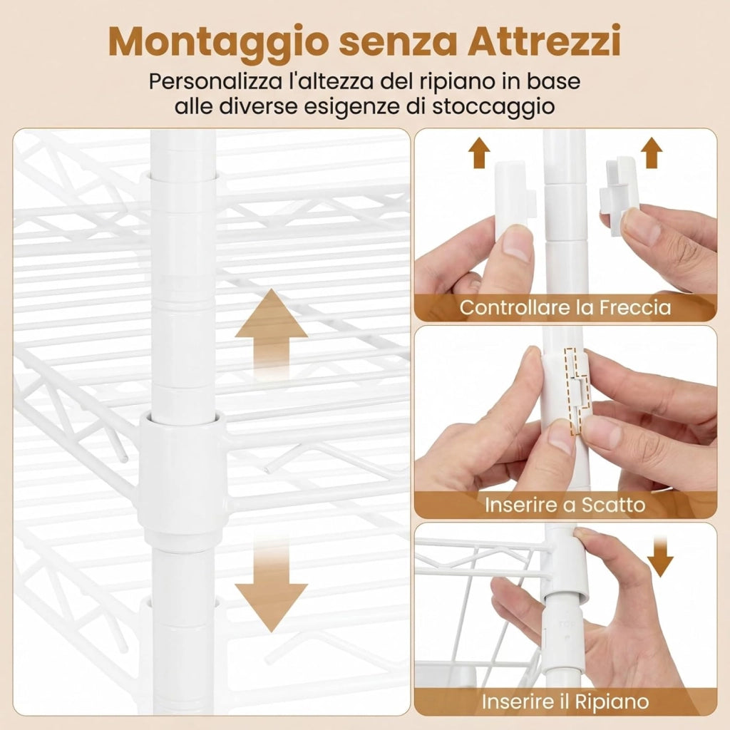 Stand Appendiabiti, Mobile Convertibile per Abiti con Installazione a L e Orizzontale, Appendiabiti con 7 Ripiani Regolabili in Filo Metallico e 4 Bastoni Appendiabiti, Portata 530 kg (Bianco)