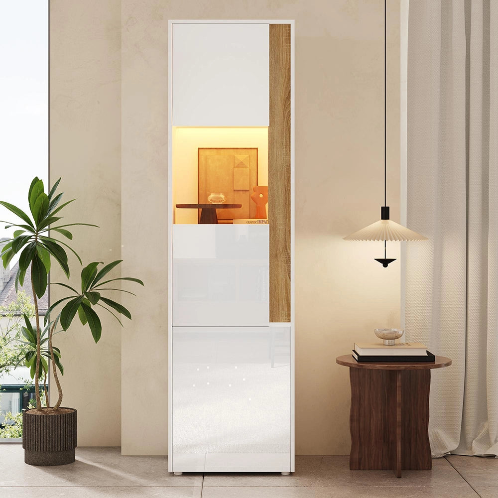 Armadio vetrina con illuminazione LED - Xylo - 50x40x179 cm - Bianco e naturale