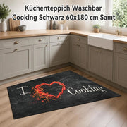 Washable Kitchen Rug, Cooking Design, Black, 60x180 Cm, Velvet