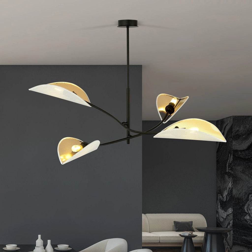 Lampada a sospensione Lotus in acciaio nero e paralumi bianco e oro