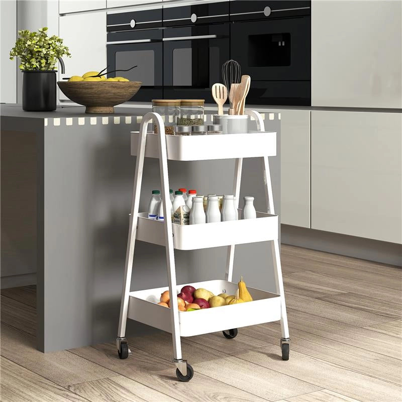 CARRELLO CUCINA MULTIUSO A 3 LIVELLI RUOTE GIREVOLI CON FRENO E MANIGLIE BIANCO 42.4X29.8X74.5 CM