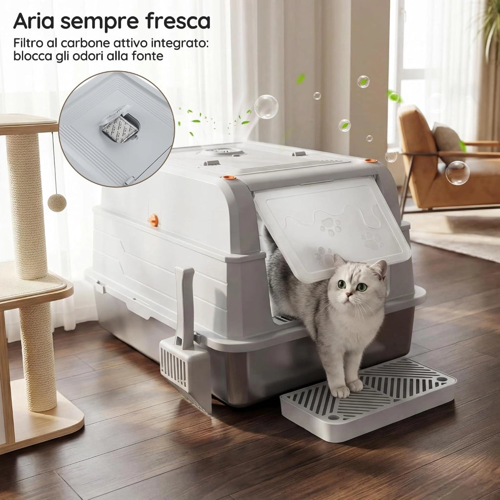 Lettiera Gatto Acciaio Inox, Lettiera Chiusa Acciaio Inox XXXL, Toilette Per Gatti 3 In 1, Con Set Deodorante E Paletta, Per Gatti Fino A 20 Kg，Grigio Chiaro