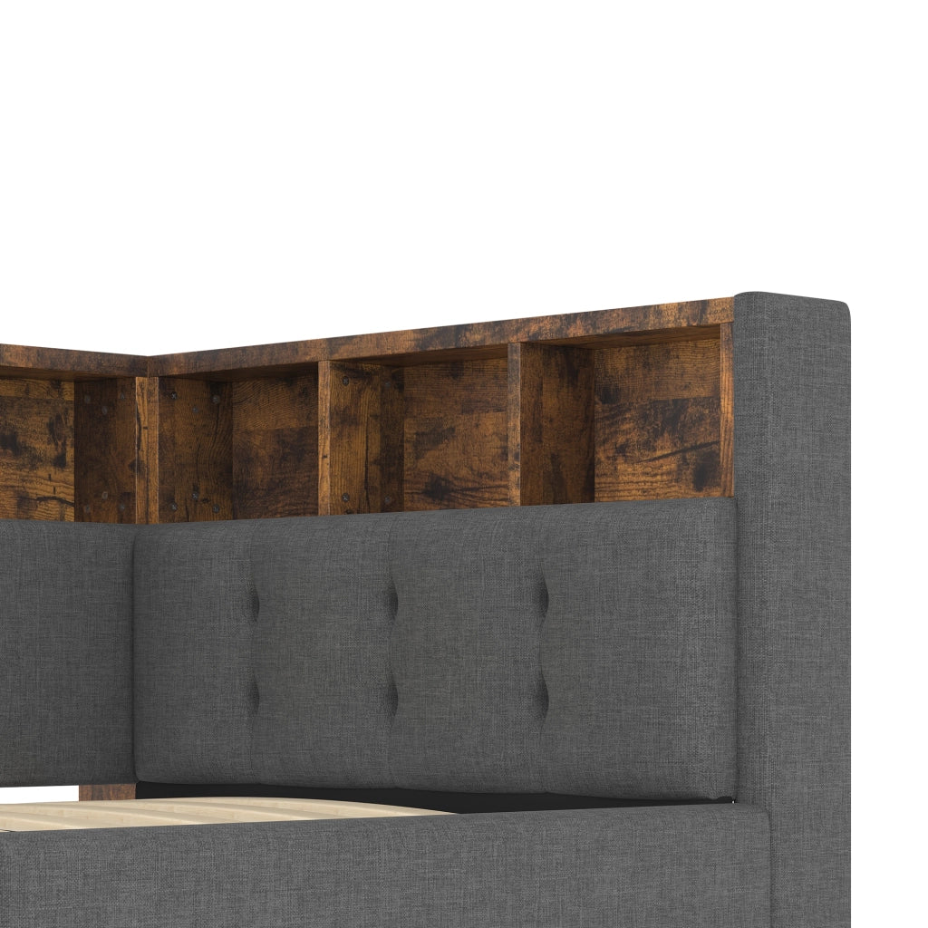 Letto singolo 90×200 cm con USB; tipo C; LED e vani portaoggetti; senza materasso; lino; grigio