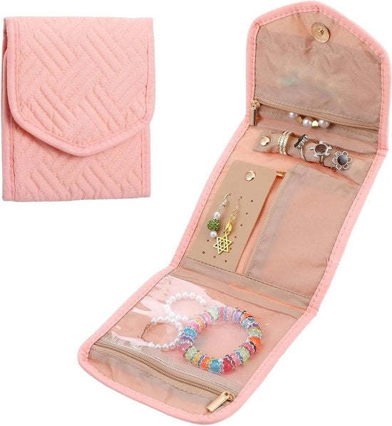 Organizzatore portatile per anelli, orecchini, collane - Rosa - Modello: OPB-001 - Capacità: 20 pezzi - Materiale: Pelle sintetica - Dimensioni: 15x10x5 cm - Peso: 150 g