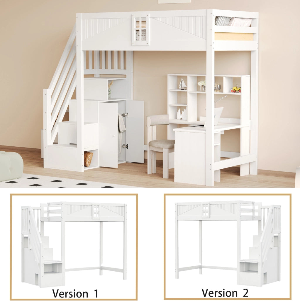 Letto a soppalco 90x200 cm con scala reversibile e ripiani in pino; MDF e compensato; bianco