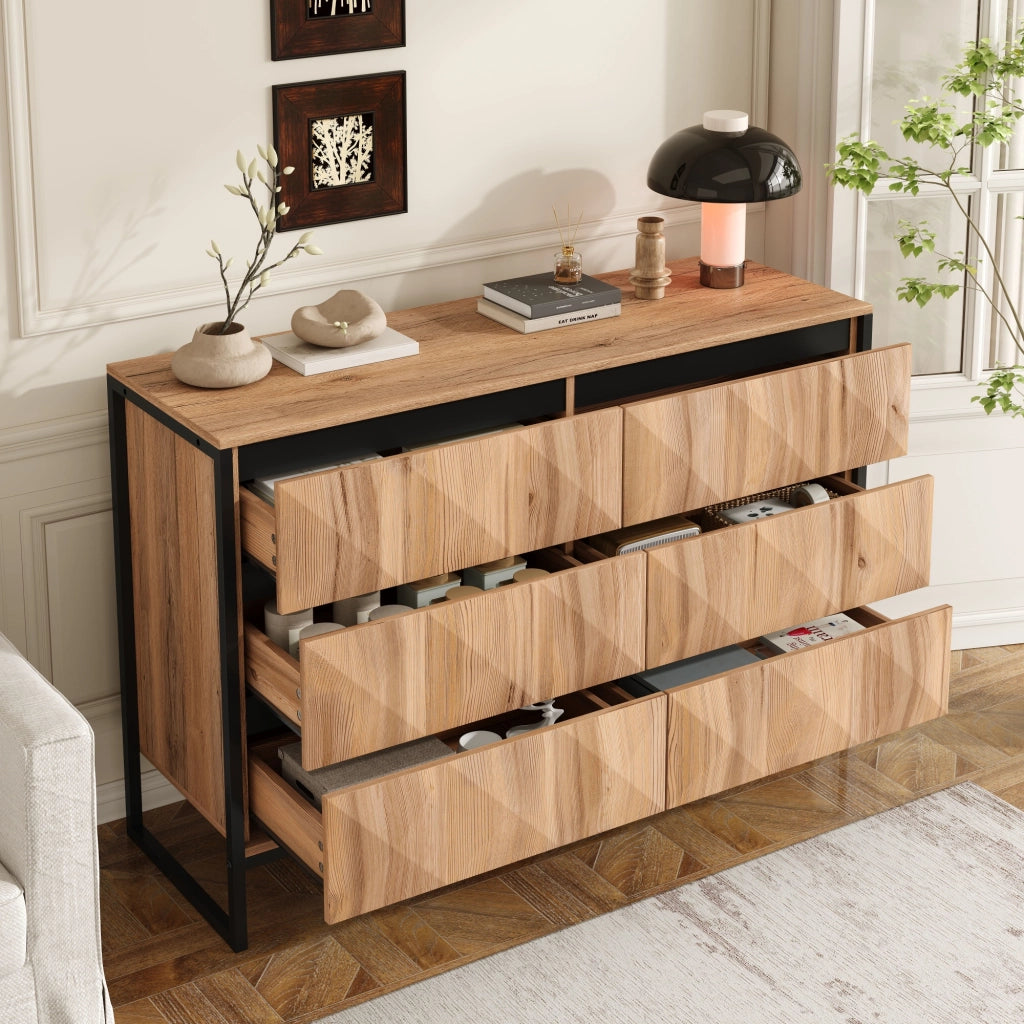 Cassettiera con 6 Cassetti e Struttura in Metallo; Frontali Testurizzati; Stile Moderno; per Soggiorno; in Truciolare; Nero Naturale; 120??40??80 cm