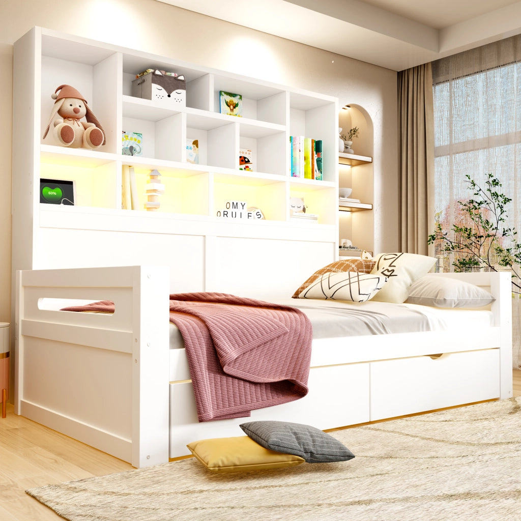 Letto singolo multifunzione 90x200 cm con armadio aperto; cassetti; LED; USB e vani portaoggetti; legno bianco