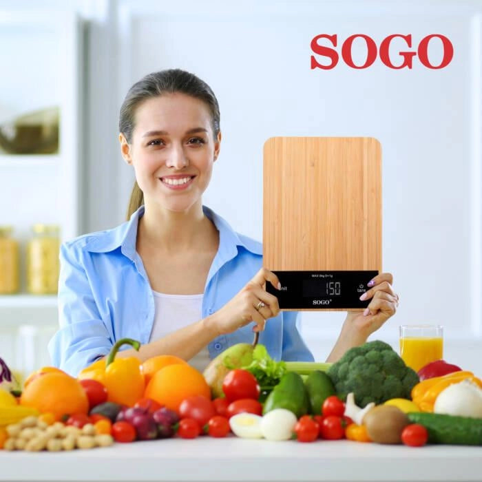 Bilancia da cucina digitale 5 kg con precisione 1 g, superficie in bambù e display touch LCD, funzione tara - Sogo