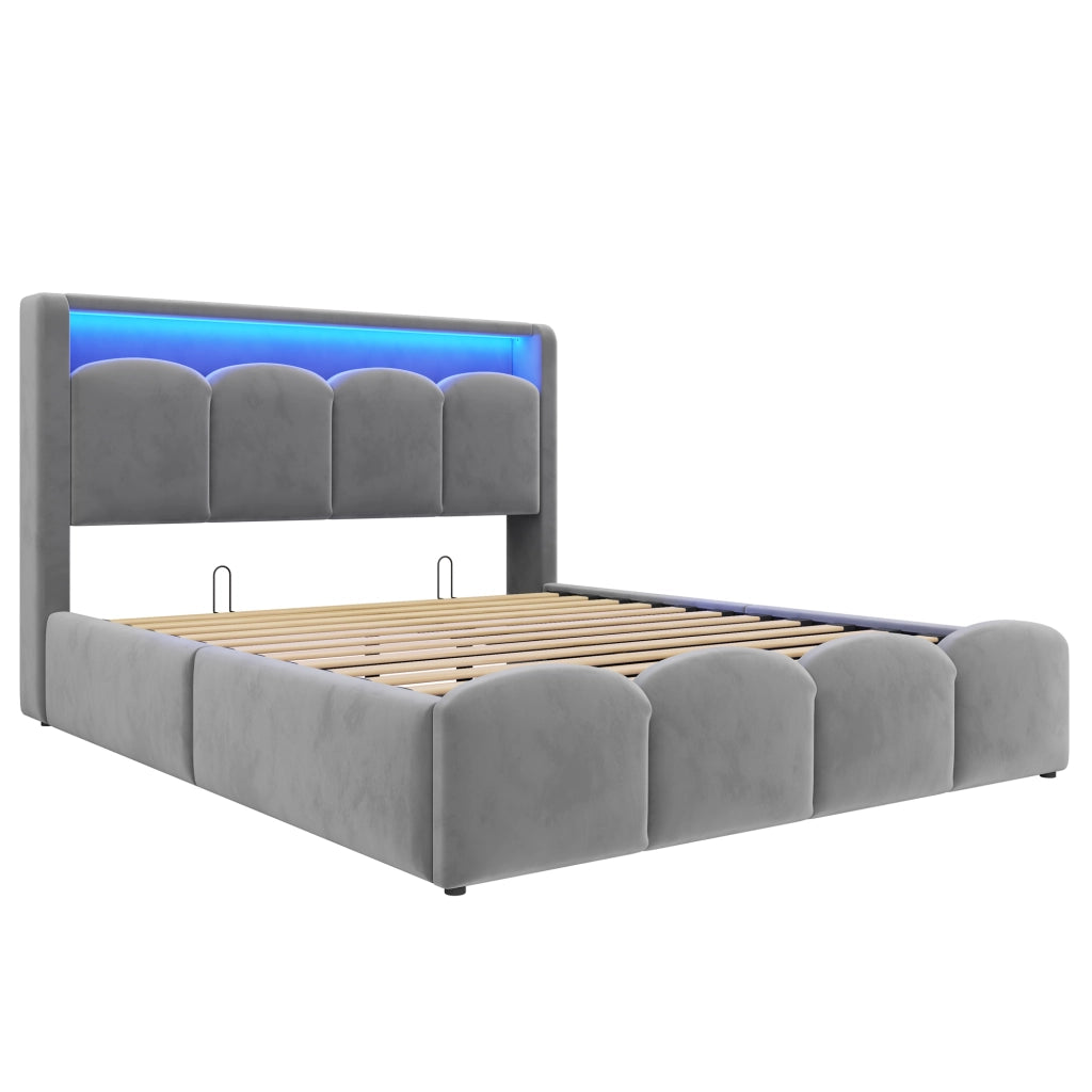 Letto imbottito 140x200 in velluto grigio con contenitore idraulico; LED; USB e Tipo-C