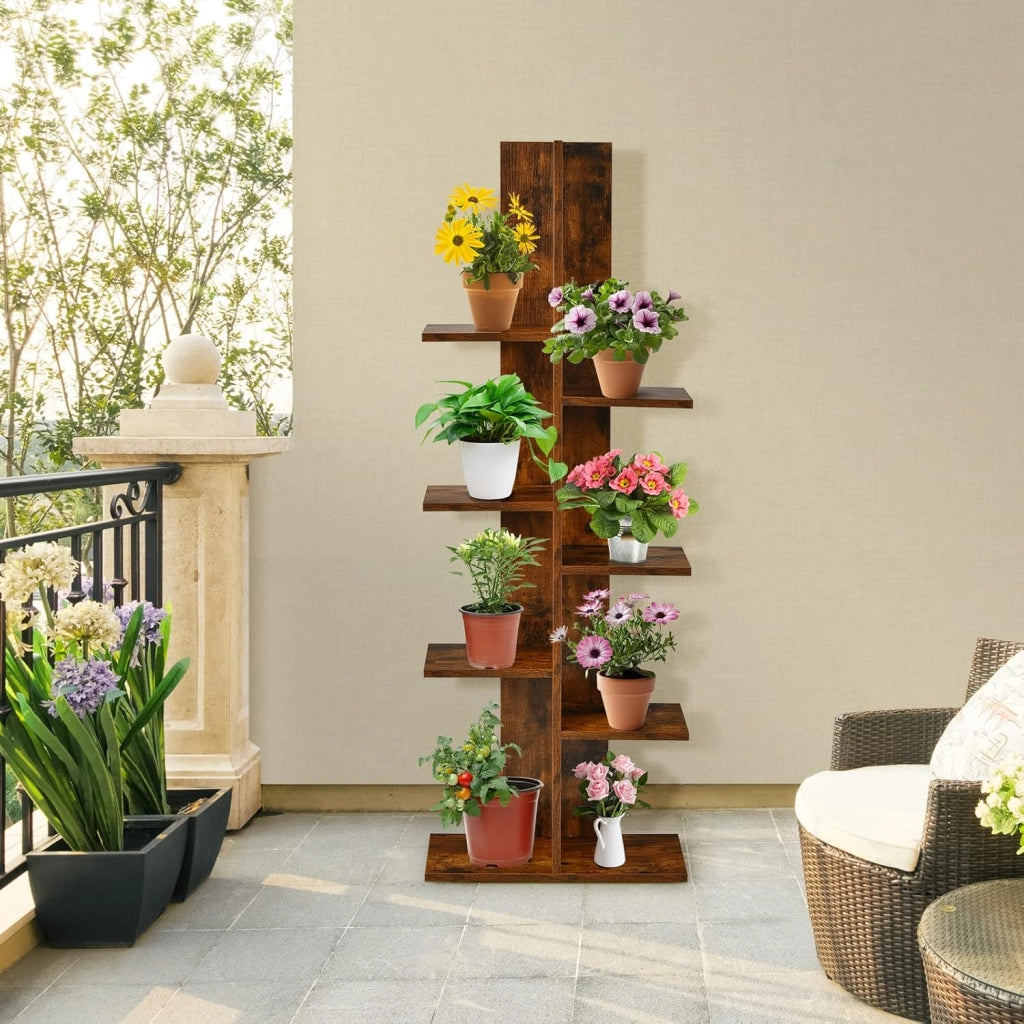 Libreria a 8 livelli, libreria a forma di albero poco ingombrante, espositore autoportante per libri, piante, CD, 50 x 20 x 141 cm (marrone)