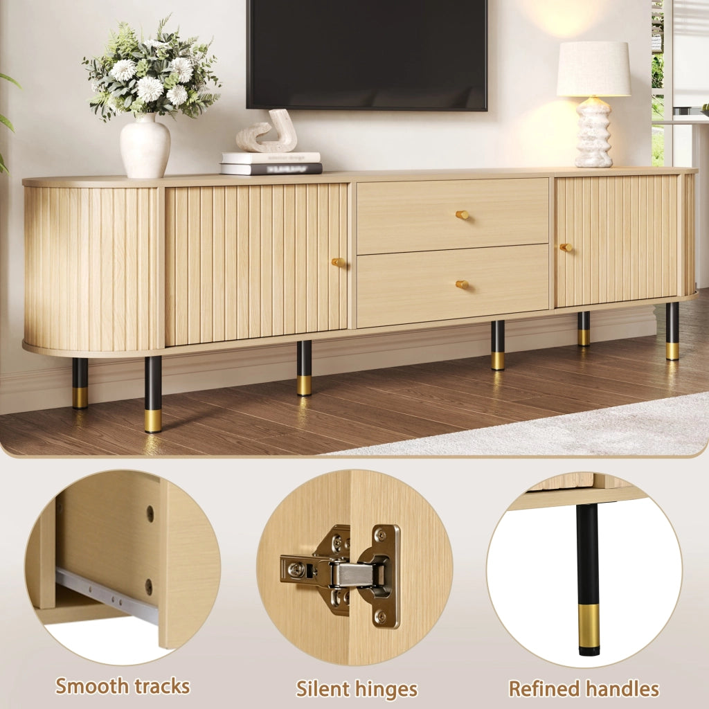 Mobile porta TV con 2 cassetti e 2 ante, passacavi e 6 gambe, per soggiorno, 180 × 40 × 58 cm, in MDF, naturale