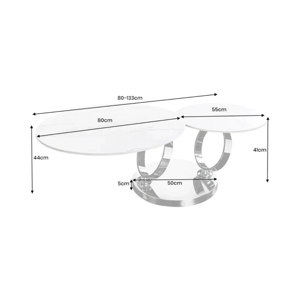 Tavolino basso SOLYNE 133 cm bianco effetto marmo con ripiani rotanti e struttura nera opaca