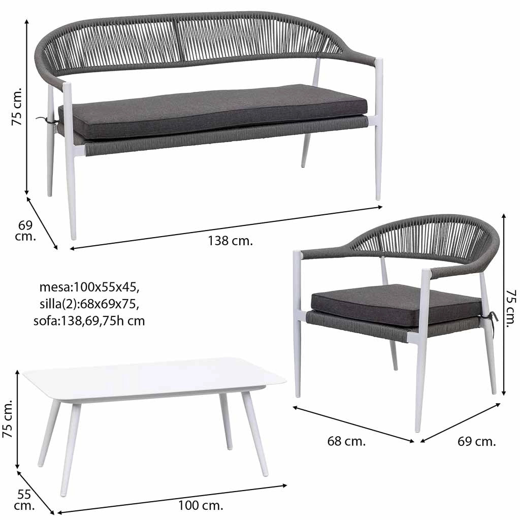Tavolo, divano e 2 poltrone multicolore 100x55x45, 68x69x75, 138x69x75