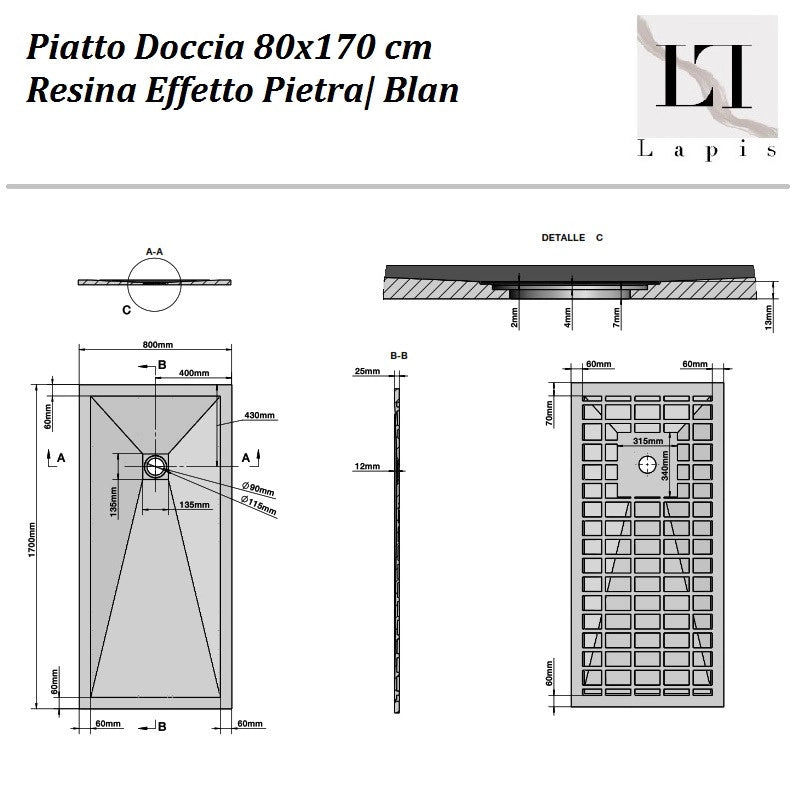 Piatto Doccia 80x170 cm Bianco Resina Effetto Pietra| Blan
