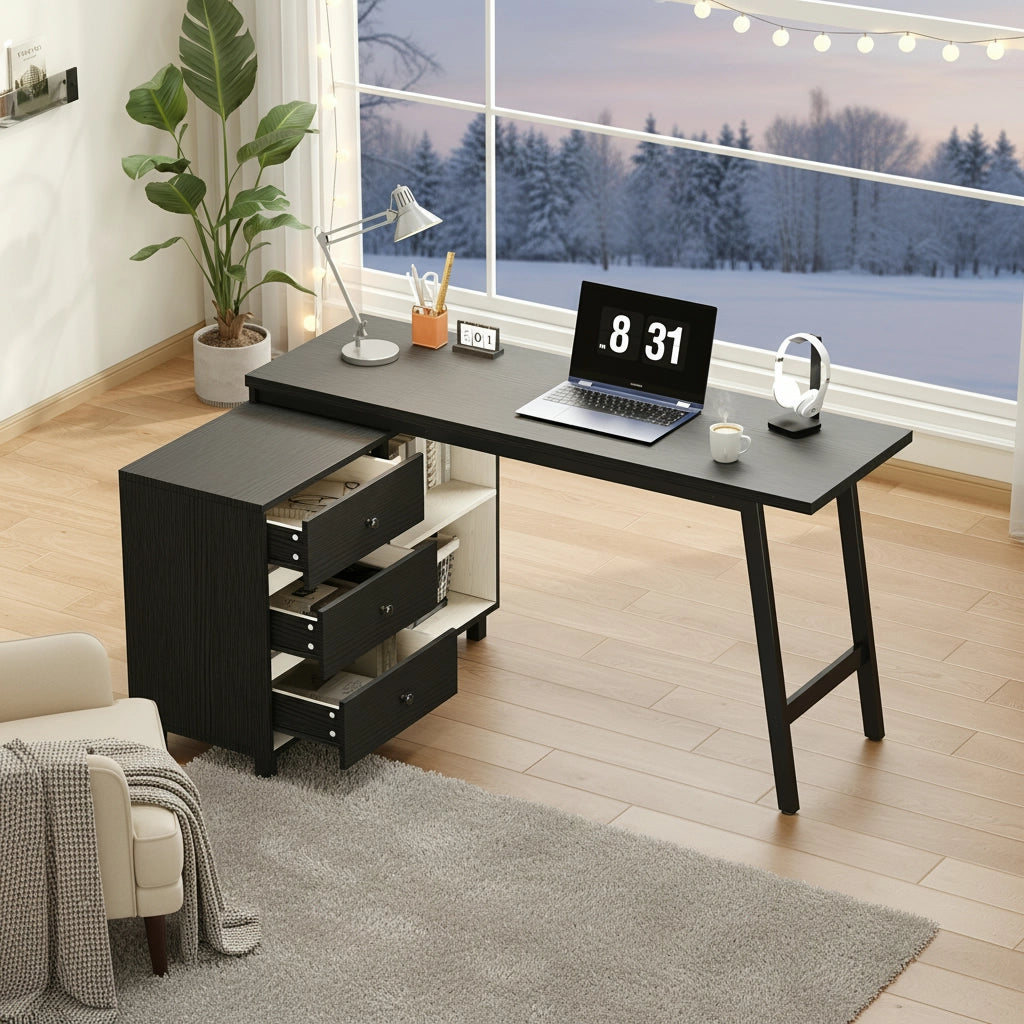 Scrivania ad angolo con 3 cassetti e 2 vani aperti - per studio - in MDF e metallo - 150×100×76 cm - nero