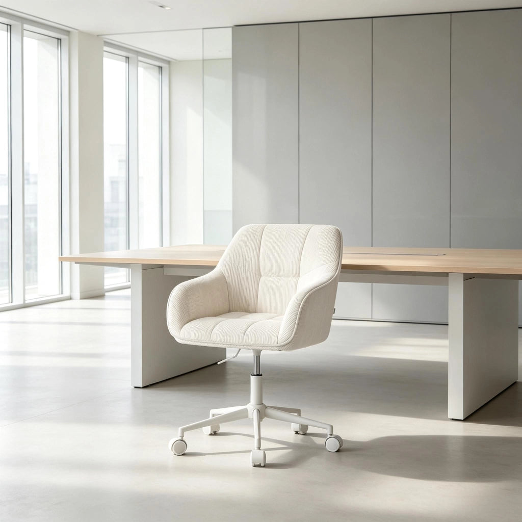 Sedia da ufficio ergonomica girevole con altezza regolabile braccioli integrati e ruote in velluto a coste beige