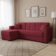 Divano letto Armadillo, Divano letto ad angolo con penisola reversibile, Sofà\  contenitore da soggiorno con chaislongue e 2 cuscini, Cm 230x150h81, Rosso