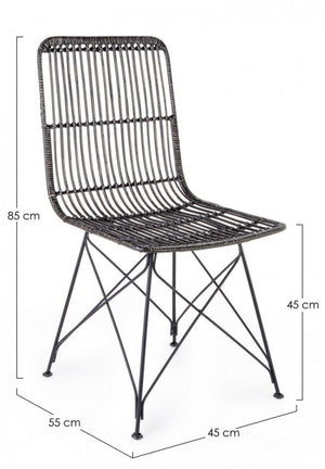 Set 4 Sedie 45x55x85 cm Metal Rattan in Fibre Naturali Nero