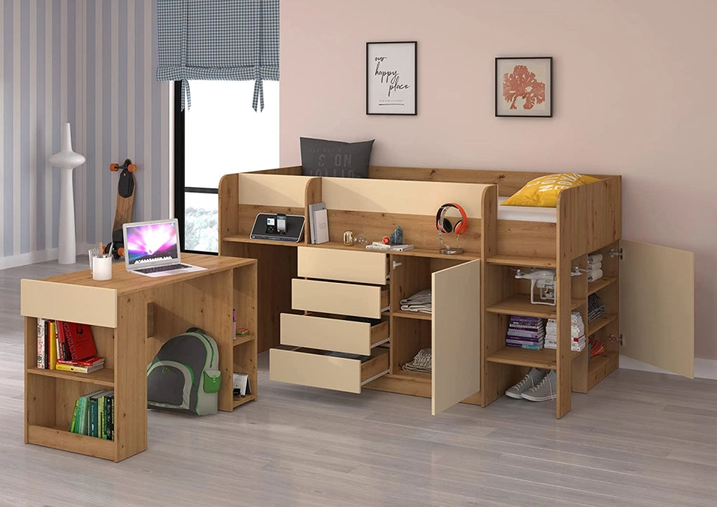 LETTO MOBILE CASSETTIERA CON SCRITTOIO SMILE P 204x 112x112cm LATO DESTRO ROVERE CREMA