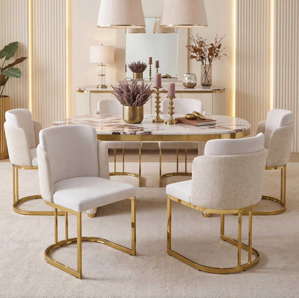Set di 6 sedie 61.5x53.5x86 cm con doppio schienale; chenille; beige e oro
