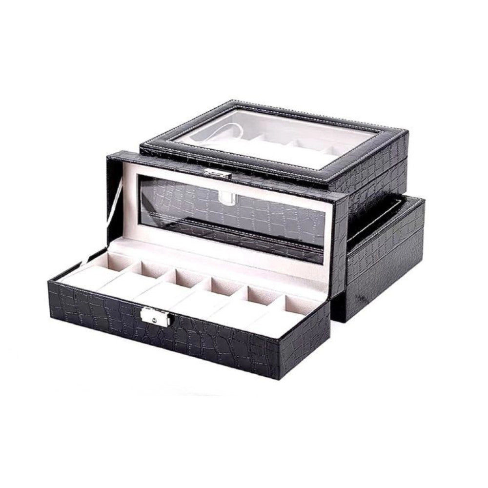 Trade Shop - Scatola Porta Orologi 12 Posti Con Vetro Custodia Grande Effetto Pelle Elegante -