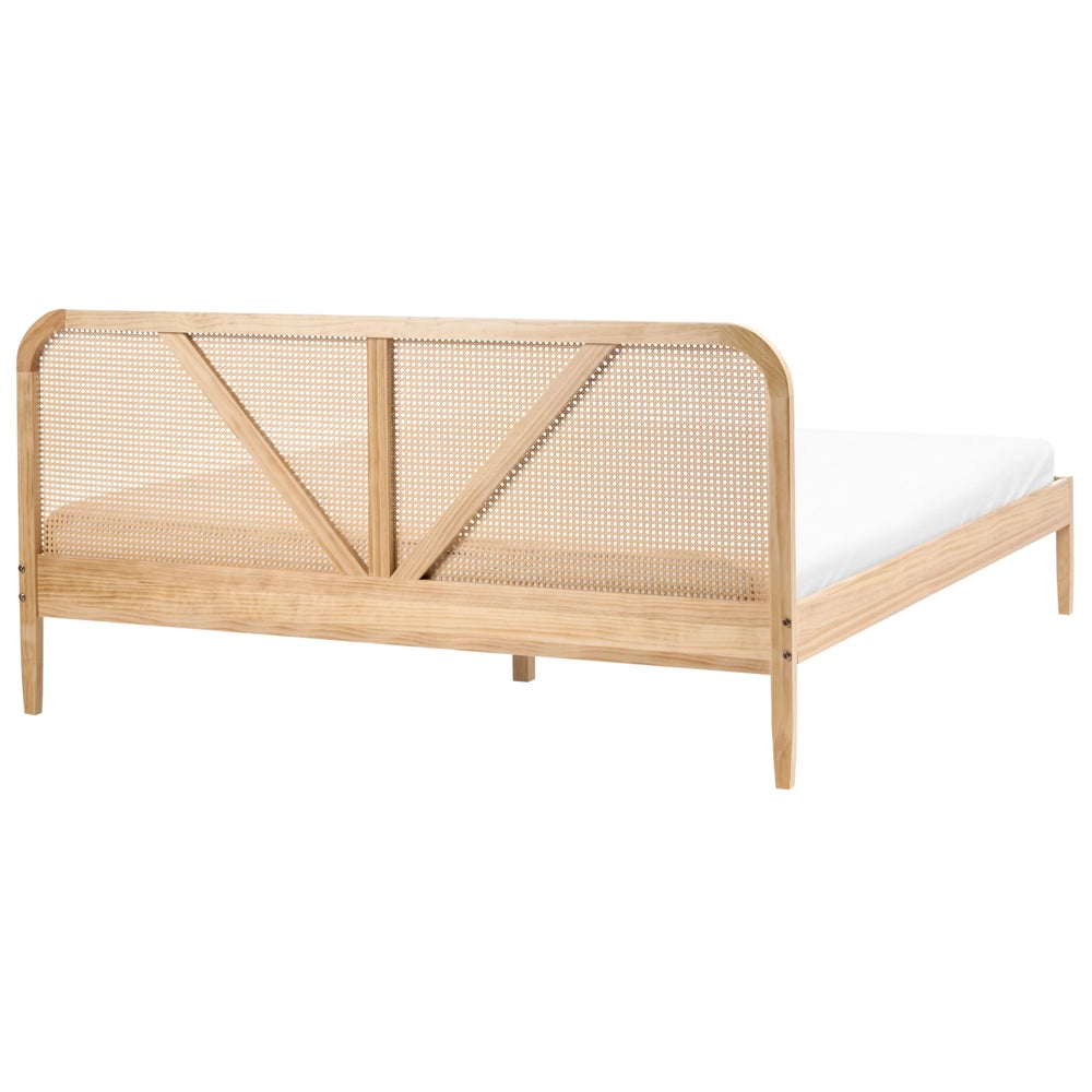 Letto matrimoniale con struttura in legno di pino e testiera in rattan marrone chiaro 180x200 cm in stile retrò