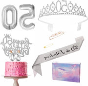 Festeggiamenti per il 50° Compleanno della Donna - Drappo e Tiara per Festa, Decorazione per Torta, Nastro con Scritta "50", Ballooni in Folie, Candele