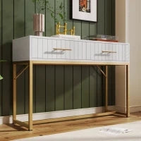 Toletta Moderna con 2 Cassetti e Dettagli Dorati, Design Elegante e Funzionale, Bianco