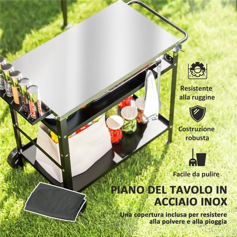 CARRELLO PER BARBECUE CON PIANO IN ACCIAIO E RIPIANO REGOLABILE, RUOTE E GANCI 100X52X80 CM NERO