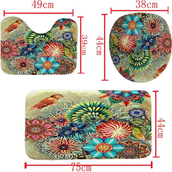 Set di 3 mattonelle da bagno in stile bohemiano antiscivolo senza gomma set di mattonelle da bagno 3D stampate digitalmente impermeabili e resistenti alla muffa per il bagno - Fiori bohemiani gialli - 75*45