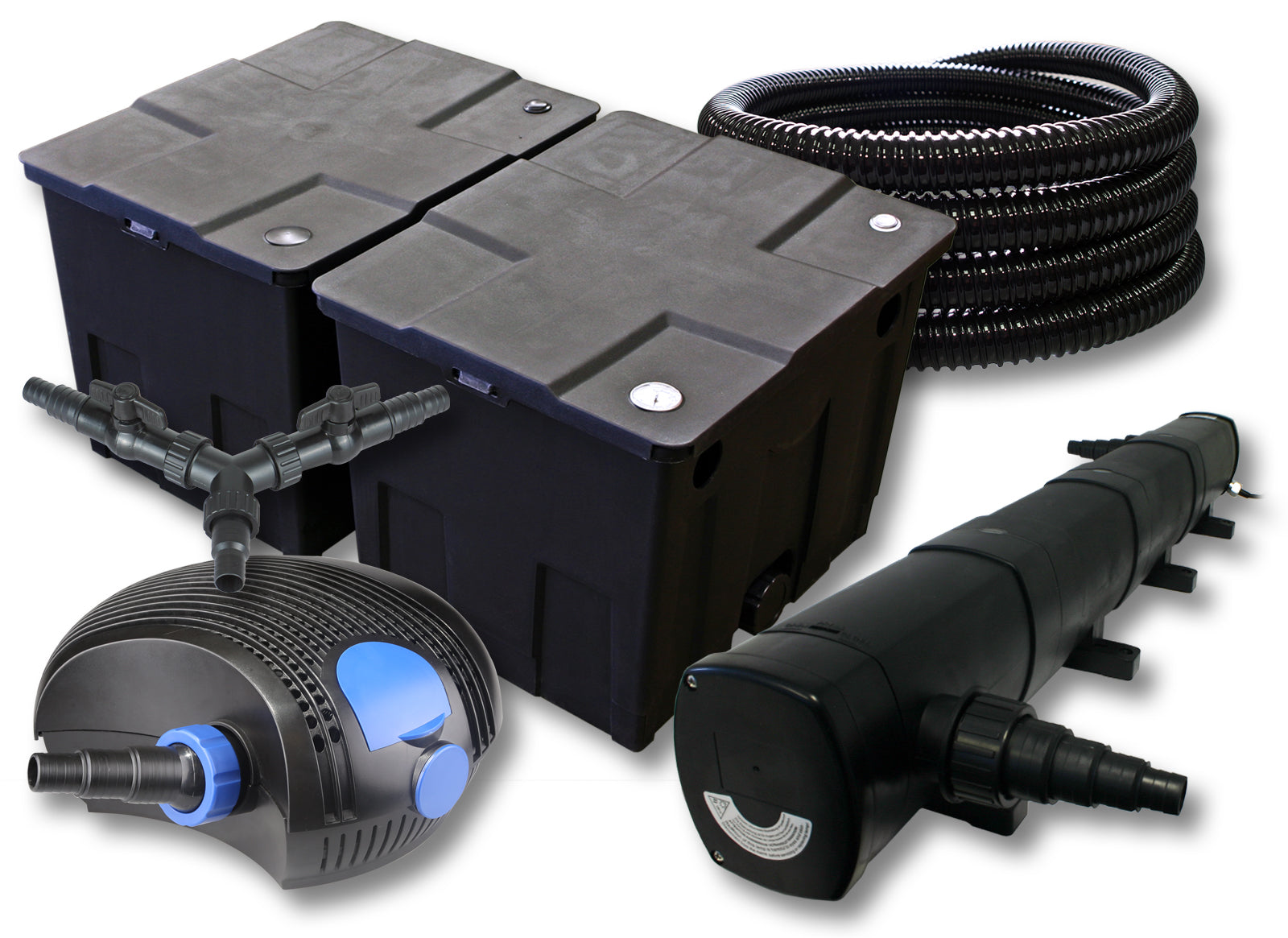 Set filtro per laghetto da 60.000 l Chiarificatore 72W Pompa ECO 100W Tubo 25m