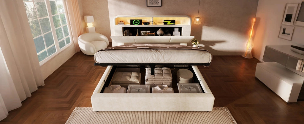 DESMIU Letto contenitore 180 × 200 cm 2 posti con LED, USB, Type-C e testiera regolabile, senza materasso, beige