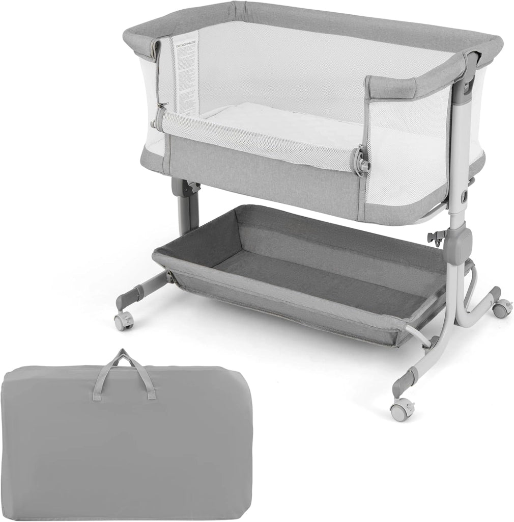 Culla Neonato con Matterasso, Culla Next to Me Piechevole con Altezza Regolabile a 6 Livelli, Lettino Bambino con Mensola Portaoggetti, Borsa da Trasporto, per Bambini 0-6 Mesi (Grigio Scuro)