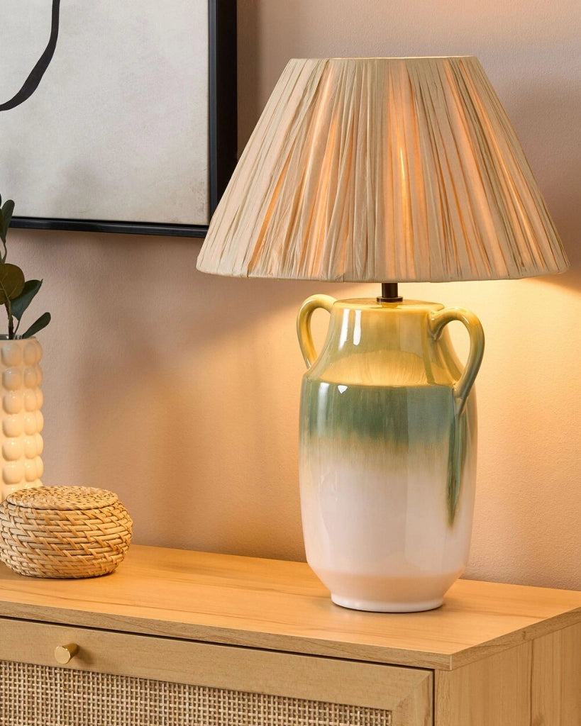 Lampada da tavolo in ceramica verde e bianca 53 cm Paralume a cono in carta naturale Comodino Soggiorno Camera da letto Illuminazione
