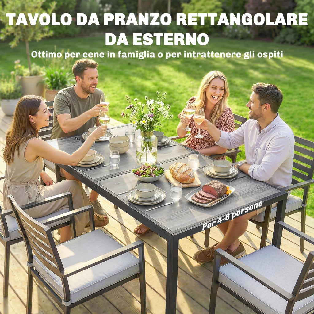 Tavolo da Giardino 4-6 Persone 150x80x74 cm con Piano Effetto Legno in Acciaio e Plastica Grigio e Nero