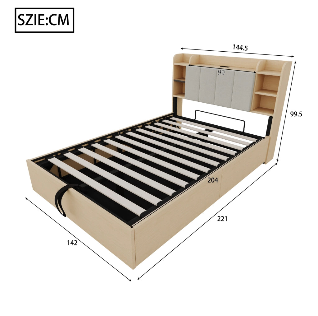 Letto con contenitore idraulico 140x200 cm in MDF; legno naturale; con testiera portaoggetti e USB