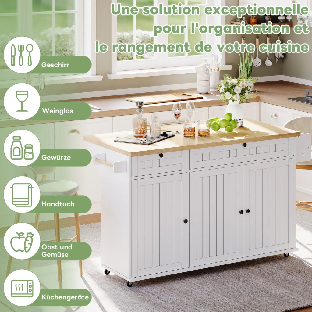 Isola da cucina con piano ribaltabile 137 x 89;5 x 45 cm in MDF; naturale e bianco