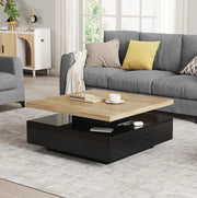 Tavolino da caffè quadrato 70x70x36 cm girevole 360° con vano portaoggetti in truciolare noce e nero lucido