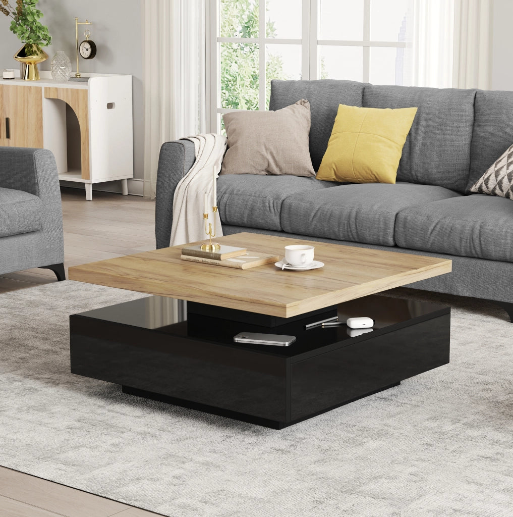 Tavolino da caffè quadrato 70x70x36 cm girevole 360° con vano portaoggetti in truciolare noce e nero lucido