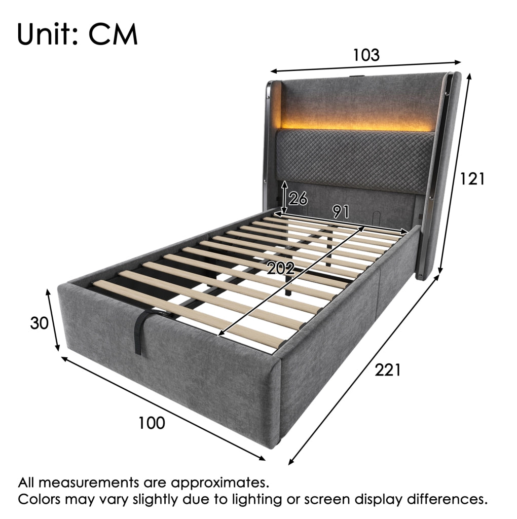 Letto singolo 90x200 cm con contenitore; LED; USB Type-C e materasso H3 in lino grigio
