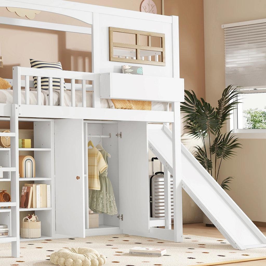 Letto a soppalco 90 × 200 cm con scivolo; armadio e ripiani in legno; MDF e compensato bianco e naturale