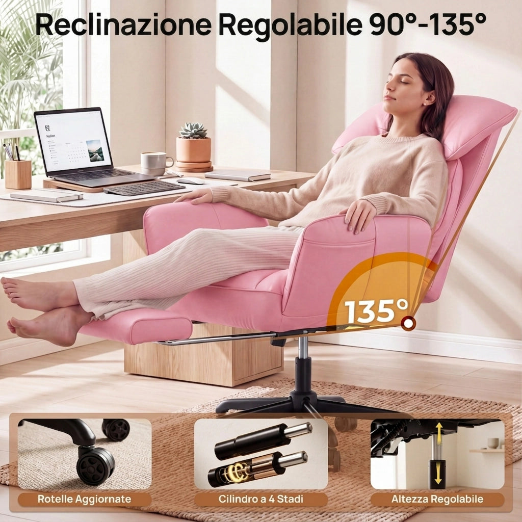 Sedia da ufficio ergonomica - Con corrimano e poggiapiedi - Con braccioli regolabili - Schienale regolabile - Rosa