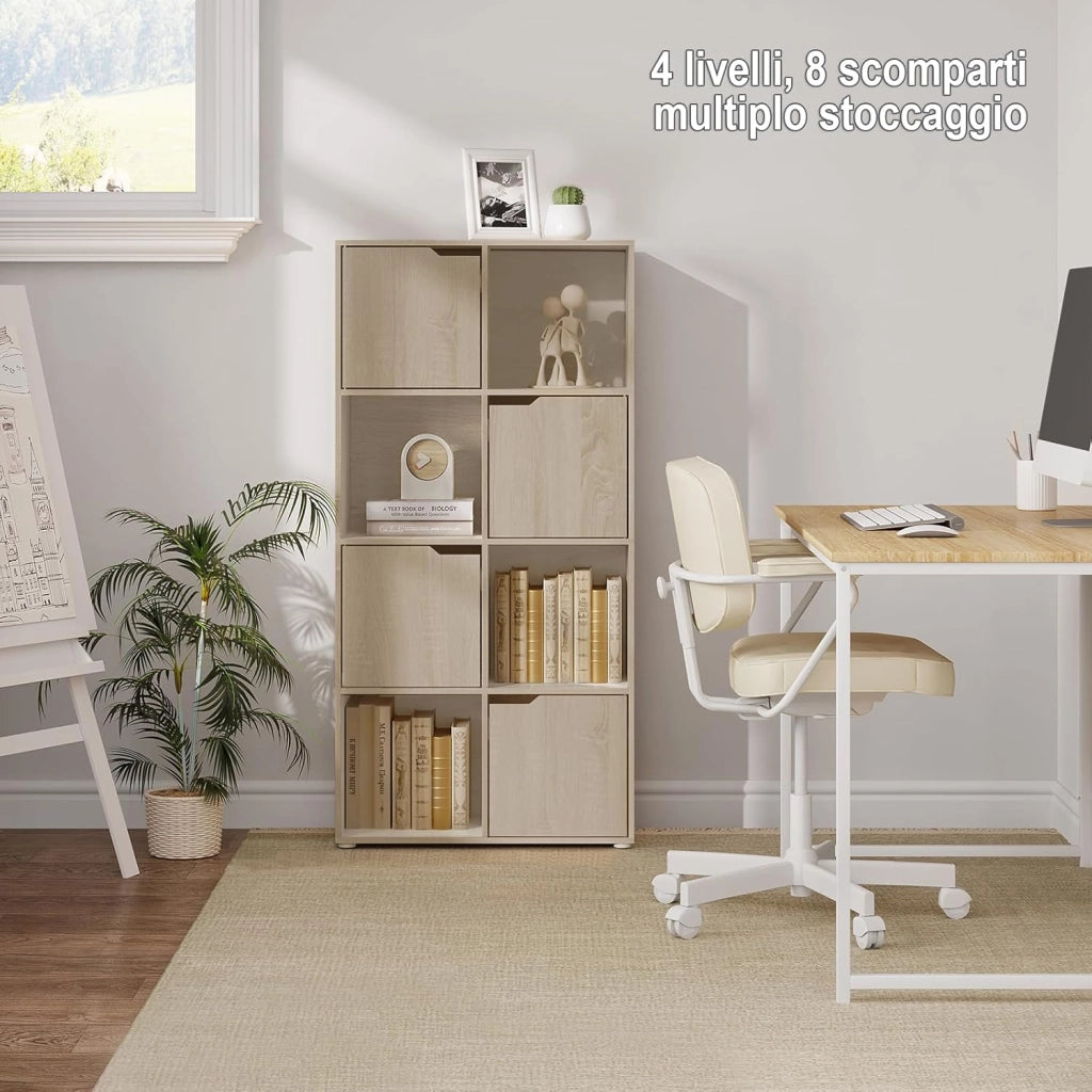 Libreria Autoportante, Porta Libri a 8 Cubi, Libreria con 4 Ante, Scaffale Portaoggetti per Soggiorno, Ufficio, Studio, Camera da Letto, in Legno, Rovere Chiaro, SK039hei