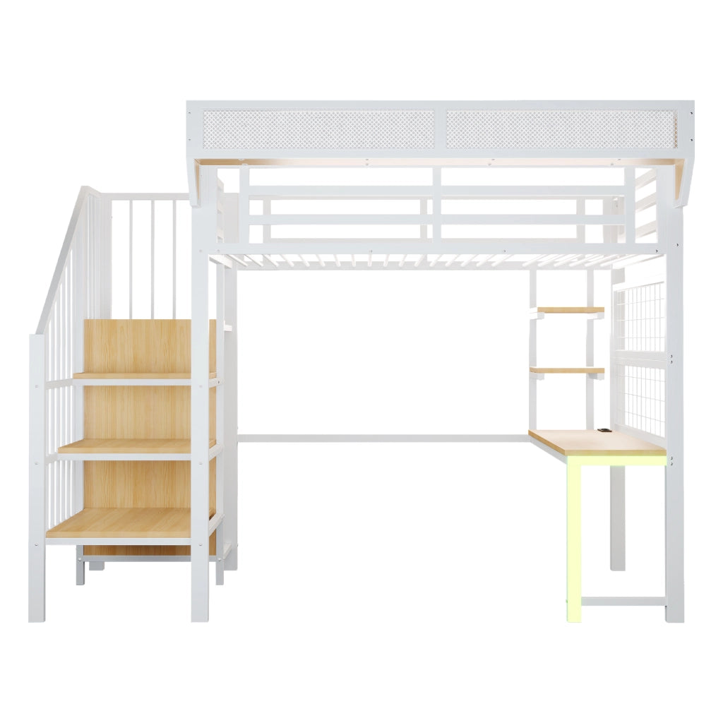 Letto a Soppalco con Scrivania, Scaletta di Sicurezza e LED ¨C MINIMAL ¨C Metallo Bianco 90x200