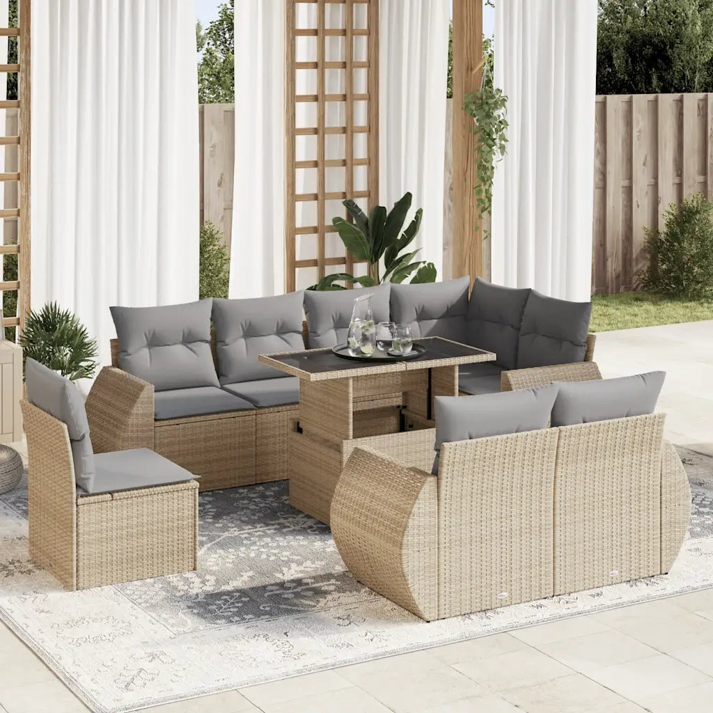 Set Divano da Giardino 9 pz con Cuscini Beige in Polyrattan