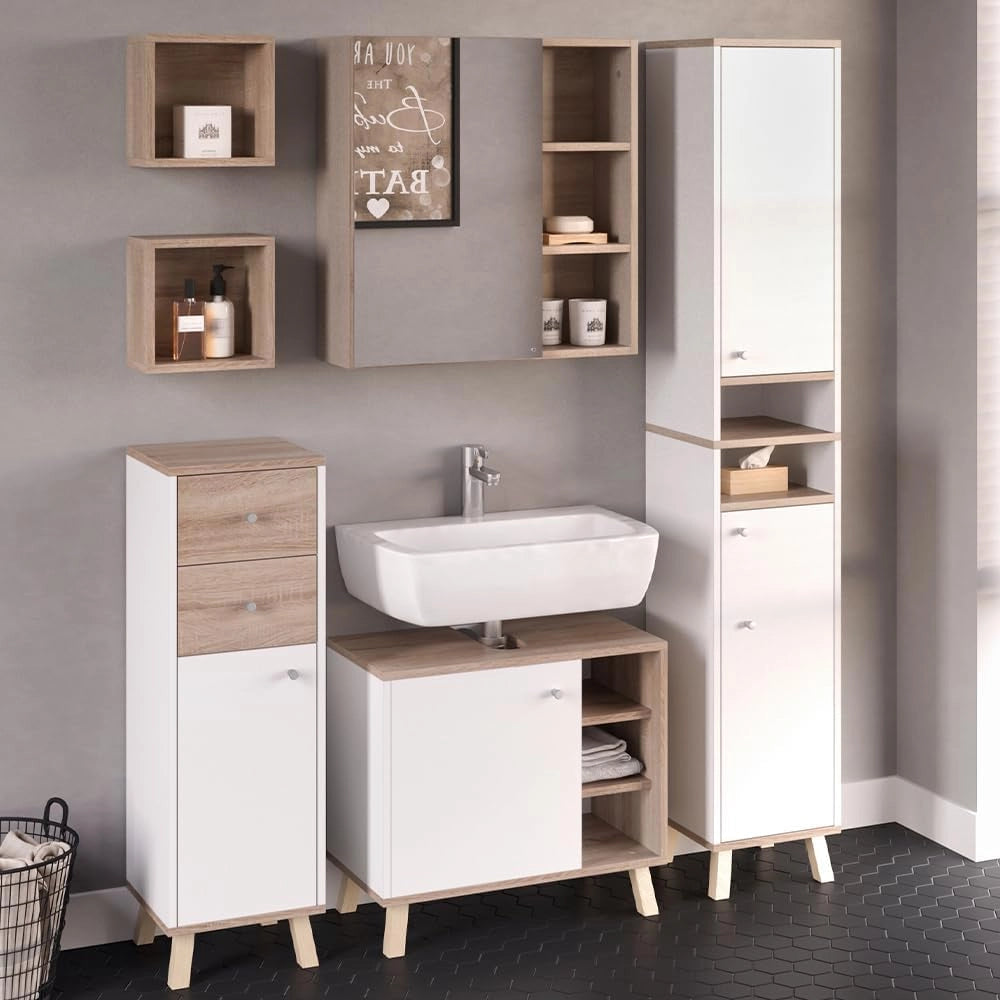 Mobiletto bagno Senyo, Bianco, 30 x 95 cm con cassetti, adatto al montaggio a parete e combinabile con mobili Senyo